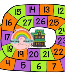 Un colorido juego de mesa de temática de Halloween con espacios numerados de color naranja, morado y verde. Una momia, un fantasma, un esqueleto, un murciélago y una casa encantada se ilustran a lo largo del camino. El logotipo 
