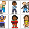 Planeación JUGANDO APRENDEMOS LAS REGLAS modalidad ABJ aprendizaje basado en el juego (Preescolar) 11 Seis dibujos animados de niños: uno consolando a un niño triste, otro pensando, otro impidiendo que otro pegue, una niña levantando la mano en un pupitre, otro sosteniendo una cesta y otro sentado con las piernas cruzadas, con aspecto tranquilo.