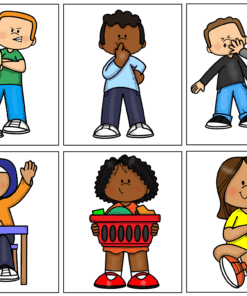 Seis dibujos animados de niños: uno consolando a un niño triste, otro pensando, otro impidiendo que otro pegue, una niña levantando la mano en un pupitre, otro sosteniendo una cesta y otro sentado con las piernas cruzadas, con aspecto tranquilo.