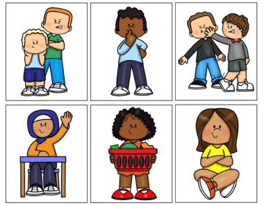 Seis dibujos animados de niños: uno consolando a un niño triste, otro pensando, otro impidiendo que otro pegue, una niña levantando la mano en un pupitre, otro sosteniendo una cesta y otro sentado con las piernas cruzadas, con aspecto tranquilo.