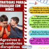 Dos niños discuten mientras uno grita al oído del otro; a la derecha, recuadros coloreados destacan estrategias para trabajar con niños agresivos o con conductas disruptivas, ofrecidas en un paquete educativo descargable.