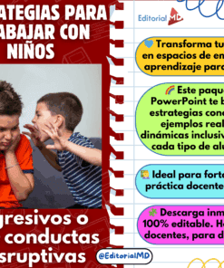 Dos niños discuten mientras uno grita al oído del otro; a la derecha, recuadros coloreados destacan estrategias para trabajar con niños agresivos o con conductas disruptivas, ofrecidas en un paquete educativo descargable.