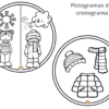 Llegó el frío...¿Y ahora qué hacemos? 17 Dos pictogramas circulares. El círculo de la izquierda muestra a un niño y una niña vestidos para el frío con un sol y una nube sobre ellos. El círculo de la derecha muestra un sombrero, una bufanda y un abrigo. El texto dice