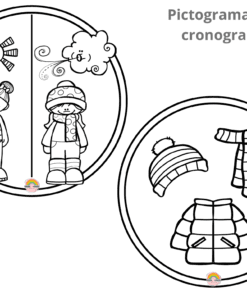 Dos pictogramas circulares. El círculo de la izquierda muestra a un niño y una niña vestidos para el frío con un sol y una nube sobre ellos. El círculo de la derecha muestra un sombrero, una bufanda y un abrigo. El texto dice 