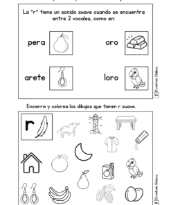 Hoja de ejercicios de lengua española con imágenes y palabras que ilustran el sonido 