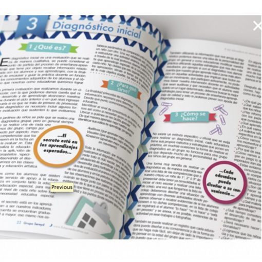 Un primer plano de un libro educativo abierto sobre un escritorio que muestra una página colorida y bien iluminada con texto numerado y viñetas, íconos y texto en español.