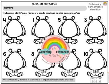 Ficha titulada "Ojos de monstruo" con ocho monstruos de dibujos animados, cada uno con un número diferente de ojos. Las instrucciones piden identificar el número de ojos de cada monstruo. En la página aparece una marca educativa.