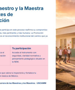 Guía de Estudio PROMOCIÓN HORIZONTAL Educación SECUNDARIA – USICAMM 2026 – 2027 + (Simulador 90 Reactivos) 26 Una profesora sonriente sostiene un micrófono frente a la entrada de una escuela con alumnos a su alrededor. El texto informativo en español destaca la preparación, la participación y el reconocimiento de los profesores en la educación.
