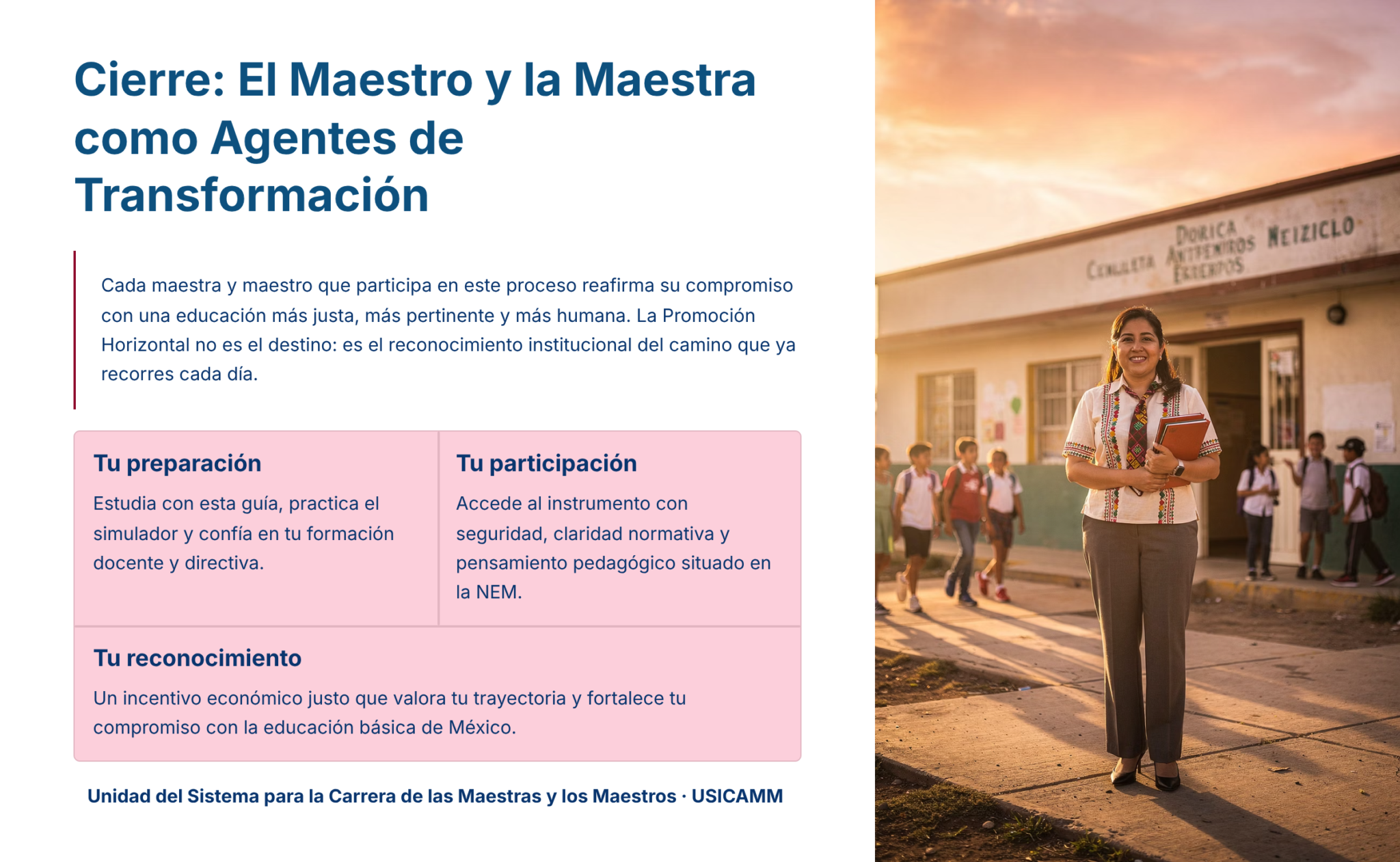 Guía de Estudio PROMOCIÓN HORIZONTAL Educación SECUNDARIA – USICAMM 2026 – 2027 + (Simulador 90 Reactivos) 6 Una profesora sonriente sostiene un micrófono frente a la entrada de una escuela con alumnos a su alrededor. El texto informativo en español destaca la preparación, la participación y el reconocimiento de los profesores en la educación.