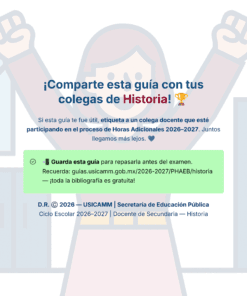 Guía de Estudio HORAS ADICIONALES HISTORIA Educación Secundaria- USICAMM 2026 - 2027 + (Simulador 90 Reactivos) 34 Ilustración de una persona sonriente que levanta el puño en señal de celebración. Texto que invita a los profesores a compartir una guía para el proceso de horas adicionales 2026-2027, con una nota sobre recursos gratuitos para el examen y un enlace.