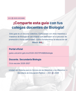 Un folleto digital invita a los profesores a compartir una guía didáctica de Biología, con texto en negrita, enlaces oficiales y logotipos gubernamentales. El fondo muestra una estatua en escala de grises. Los colores son principalmente azul, rojo y blanco.