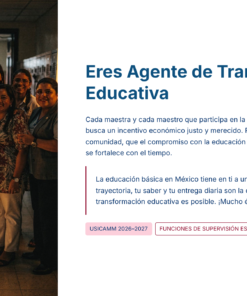 Guía de Estudio PROMOCIÓN HORIZONTAL SUPERVISIÓN – USICAMM 2026 – 2027 + (Simulador 90 Reactivos) 30 Un grupo de educadores sonrientes permanecen juntos en el pasillo de un colegio. El texto que aparece junto a ellos anima a los profesores como agentes de transformación educativa, destacando la dedicación y el impacto de su carrera en la sociedad.