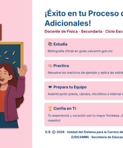 Dos personas sonrientes lo celebran con los brazos en alto junto a una lista de control. El texto da consejos de estudio para los profesores: repasar las guías oficiales, practicar con ejercicios, preparar un equipo de apoyo y confiar en sus capacidades.