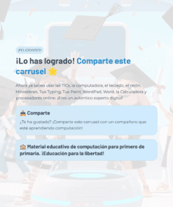 Un certificado digital con confeti y birretes de graduación indica que un alumno ha superado con éxito un curso de informática. Fomenta el intercambio y destaca los recursos educativos de nivel primario.