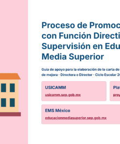 Paquete Promoción a DIRECTOR ESCOLAR – Educación Media Superior (Carta de Exposición de Motivos + Plan de Mejora Continua + Guía EMS) EMS BACHILLERATO 2026–2027 35 Ilustración de un edificio escolar con una bandera mexicana. A la derecha, texto sobre el proceso de promoción para puestos de supervisión o dirección en la educación secundaria superior en México, con enlaces a las plataformas pertinentes.