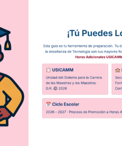 Ilustración de un graduado sonriente sosteniendo un diploma, con toga y birrete azul. A la derecha, un texto en español anima a los profesores a alcanzar sus metas, con secciones para USICAMM, Docente y detalles del Ciclo Escolar.
