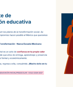 Ilustración digital de un profesor sosteniendo libros y de pie junto a un alumno, junto a un texto en español que anima a los educadores a ser agentes de la transformación educativa, resalta su valor y les desea éxito.