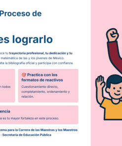 Guía de Estudio HORAS ADICIONALES MATEMÁTICAS Educación Secundaria- USICAMM 2026 - 2027 + (Simulador 90 Reactivos) 28 Ilustración de una mujer sonriente con el puño en alto y dos niños a su lado; el texto anima a los profesores a tener éxito en su proceso de promoción, estudiar los materiales oficiales, practicar con los formatos de examen y confiar en su experiencia.