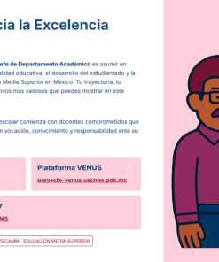 Ilustración de un hombre con gafas y bigote que sostiene un diploma, de pie delante de un edificio escolar. El texto trata de la aspiración al liderazgo académico y ofrece recursos educativos relacionados.