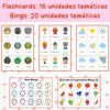 Un póster educativo presenta [PACK] Más de 600 tarjetas didácticas y materiales. 20 Juegos de Bingo en Inglés. Las tarjetas cubren 16 temas, incluidos animales y profesiones. Los cartones de bingo, que cubren 20 temas, incluyen el clima, la hora y frutas y verduras. El fondo es rosa con lunares.