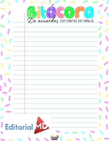 Colorida hoja de bloc de notas con "Bitácora de acuerdos con padres de familia" en la parte superior, forrada para escribir, borde de espolvoreado y logotipo de Editorial MD en la parte inferior.