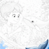 Dibujo para colorear en el que aparece un niño interactuando con una ballena en un paisaje submarino repleto de corales y vida marina.