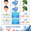 Ficha de memory con parejas de un niño, una ballena, brócoli, una bañera y una escena submarina, con una sección recortable en la base.