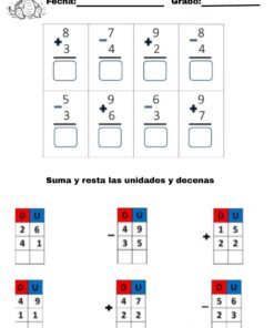 Hoja de ejercicios con apartados para escribir el nombre, la fecha y el curso. Tiene recuadros para problemas sencillos de suma y resta, y ejercicios para sumar y restar números de dos cifras en columnas etiquetadas con D (decenas) y U (unidades).