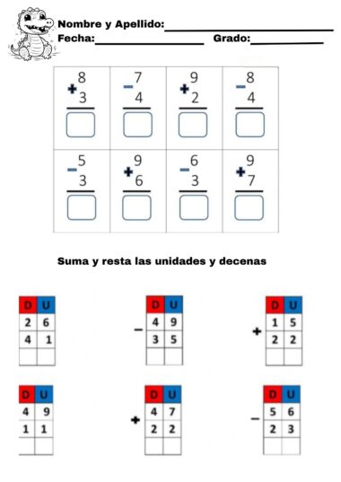 Hoja de ejercicios con apartados para escribir el nombre, la fecha y el curso. Tiene recuadros para problemas sencillos de suma y resta, y ejercicios para sumar y restar números de dos cifras en columnas etiquetadas con D (decenas) y U (unidades).