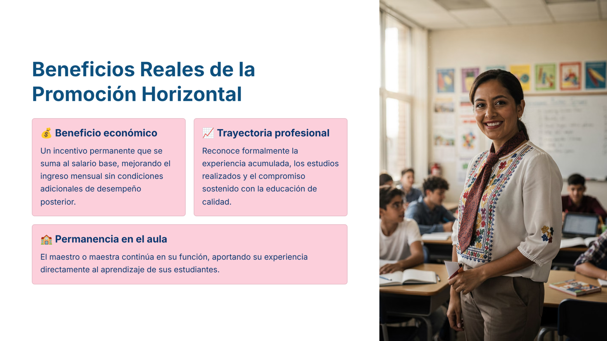 Guía de Estudio PROMOCIÓN HORIZONTAL Educación SECUNDARIA – USICAMM 2026 – 2027 + (Simulador 90 Reactivos) 9 Una profesora sonriente frente a los alumnos de un aula. Junto a ella, un texto en español muestra los beneficios de la promoción horizontal para los profesores: beneficio económico, trayectoria profesional y permanencia en el aula.
