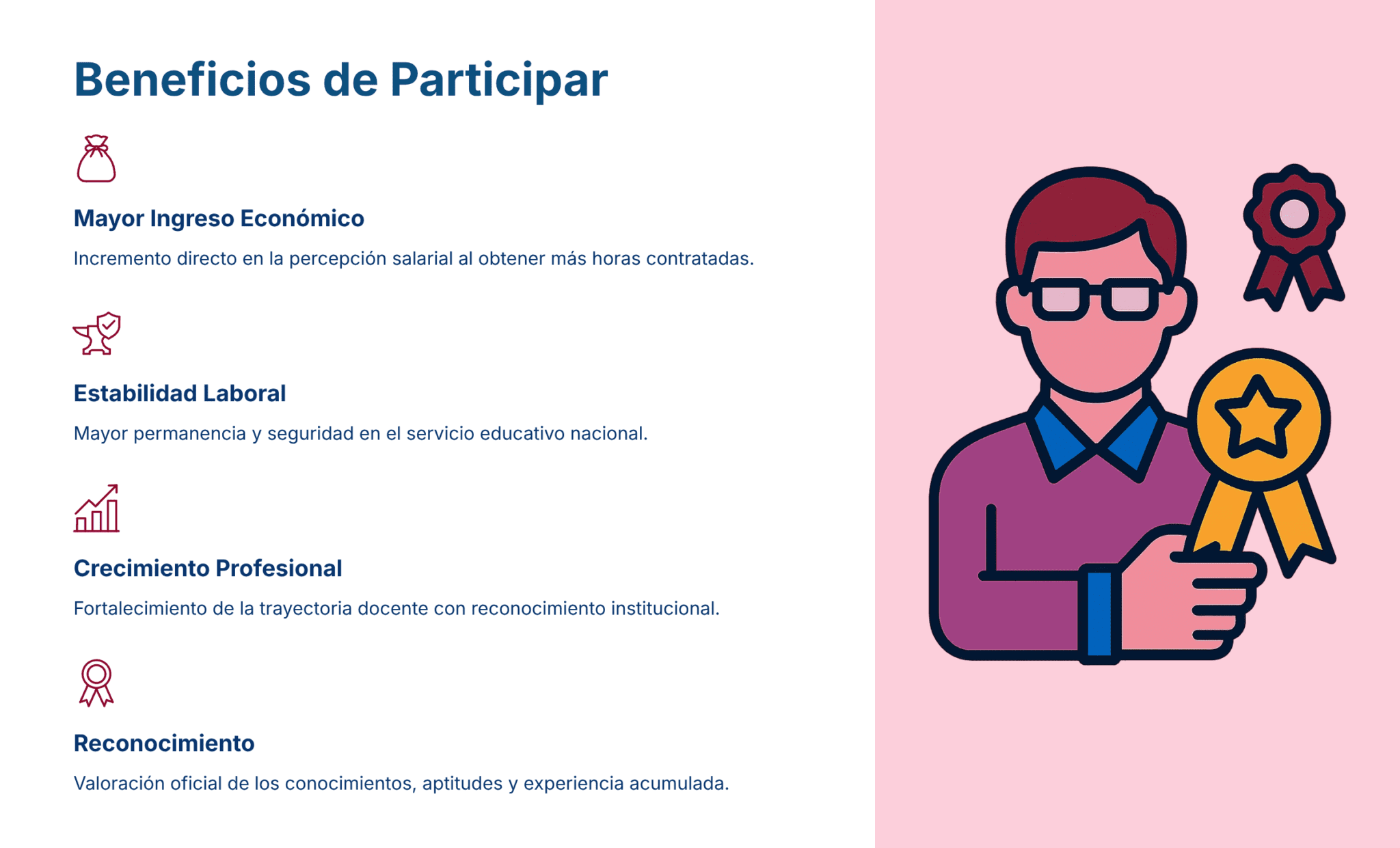 Guía de Estudio HORAS ADICIONALES MATEMÁTICAS Educación Secundaria- USICAMM 2026 - 2027 + (Simulador 90 Reactivos) 16 Un gráfico muestra a una persona con una medalla en la mano. A la izquierda, un texto en español enumera los beneficios de la participación: mayores ingresos, estabilidad laboral, crecimiento profesional y reconocimiento, cada uno con un icono relevante. El fondo es azul y rosa.