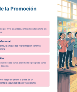 Una mujer con un certificado de reconocimiento sonríe en un aula, mientras sus compañeros la aplauden. Los recuadros de texto enumeran las ventajas de la promoción horizontal, como un mejor salario, reconocimiento profesional, formación continua y estabilidad laboral.