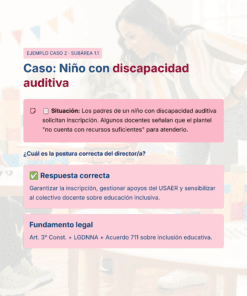 Estudio de caso educativo sobre un niño con discapacidad auditiva. Destaca la respuesta administrativa correcta -garantizar el apoyo y la inclusión- y hace referencia a fundamentos jurídicos, como la Constitución y los acuerdos de educación inclusiva.