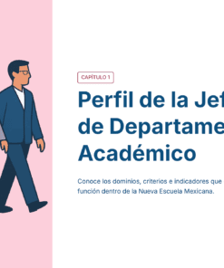 Ilustración de cuatro personas vestidas profesionalmente caminando; una mujer lleva un maletín. Junto a ellos, un texto en español describe el perfil de los jefes de departamento académico de la Nueva Escuela Mexicana.