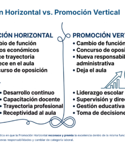 Guía de Estudio PROMOCIÓN HORIZONTAL SUPERVISIÓN – USICAMM 2026 – 2027 + (Simulador 90 Reactivos) 34 Infografía comparando promoción horizontal y vertical en el ámbito laboral, mostrando sus diferencias en funciones, reconocimiento, ascensos, liderazgo y capacitación, junto con iconos ilustrativos en azul.