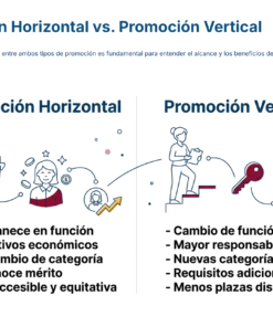 Infografía comparando la promoción horizontal y vertical: la primera destaca permanencia, incentivos y mérito; la segunda involucra cambio de puesto, mayor responsabilidad y requisitos adicionales.