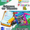 Póster educativo colorido para los Exámenes de Primaria de 6.° Grado (NEM 2025-2026) del 1.er Trimestre. Incluye libros escolares, un portapapeles con lápiz y los logotipos de Word/Editorial MD. Ideal para los exámenes del primer trimestre de sexto grado de primaria.