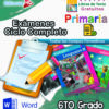 Portada colorida para "Exámenes Primaria 6° Grado (NEM 2025–2026) Ciclo Escolar Completo", que incluye libros de texto, un portapapeles con lápiz e íconos educativos. Texto destacado "Exámenes Primaria" y "Ciclo Escolar Completo".