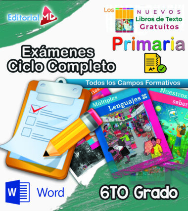 Portada colorida para "Exámenes Primaria 6° Grado (NEM 2025–2026) Ciclo Escolar Completo", que incluye libros de texto, un portapapeles con lápiz e íconos educativos. Texto destacado "Exámenes Primaria" y "Ciclo Escolar Completo".