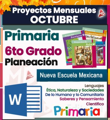 ¡Presentamos los proyectos del Programa Analítico 6° Primaria para octubre! Esta vibrante colección, especialmente diseñada para estudiantes de 6° grado de primaria, presenta llamativas portadas para libros de proyectos y un ícono de Microsoft Word. Se alinea perfectamente con la iniciativa "Nueva Escuela Mexicana" y destaca temas como la ética, la naturaleza, las sociedades y el conocimiento científico.
