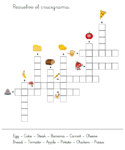 El Libro de Vocabulario Inglés para niños de 5 a 7 años incluye un crucigrama infantil de comida con imágenes como pizza y manzana. Practica vocabulario con palabras clave como huevo, pastel, zanahoria y pizza.