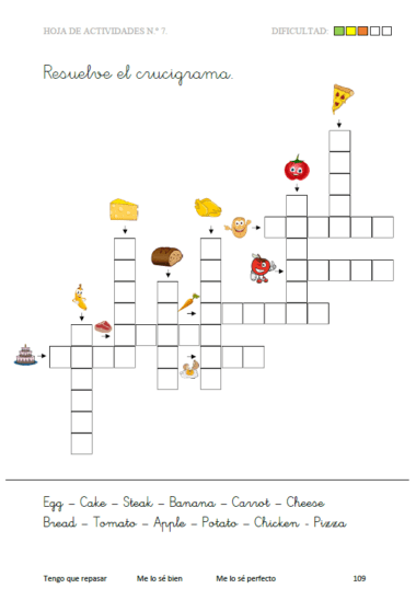 El Libro de Vocabulario Inglés para niños de 5 a 7 años incluye un crucigrama infantil de comida con imágenes como pizza y manzana. Practica vocabulario con palabras clave como huevo, pastel, zanahoria y pizza.