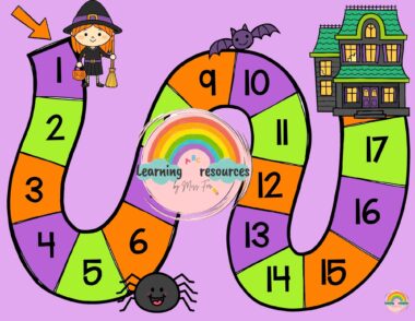 Un colorido camino de juego de mesa con temática de Halloween con espacios numerados del 1 al 15. Presenta una bruja, un murciélago, una araña y una casa encantada sobre un fondo morado. En el centro aparece un logotipo arco iris con la etiqueta "Learning resources by Miss Fina".