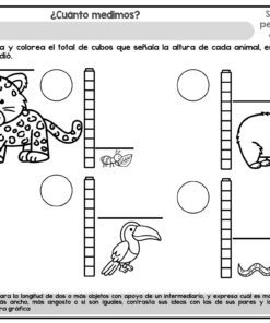 Ficha con cuatro animales (jaguar, tapir, tucán, serpiente) junto a columnas verticales de cubos que indican sus alturas. Espacios para escribir la altura de cada animal y un nombre. Título: 