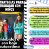 Imagen coloreada con el título "Estrategias para trabajar con niños inhibidos o con baja autoestima". A la izquierda, niños con mochilas; a la derecha, recomendaciones y beneficios del material de EditorialMD sobre el tema.