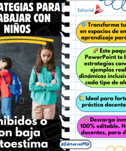 Imagen coloreada con el título "Estrategias para trabajar con niños inhibidos o con baja autoestima". A la izquierda, niños con mochilas; a la derecha, recomendaciones y beneficios del material de EditorialMD sobre el tema.