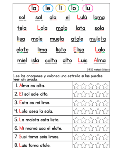 Hoja de ejercicios de lectura en español con sílabas codificadas por colores (la, le, li, lo, lu), listas de palabras y siete frases. Cada frase tiene una fila de estrellas para que los alumnos coloreen si pueden leer la frase de forma independiente.