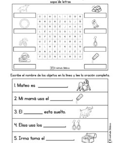 Una hoja de ejercicios en español para niños que incluye una sopa de letras y frases para rellenar. Las ilustraciones incluyen un melocotón, una cuerda, una botella, un toro, una silla y una maleta, con espacios para escribir las respuestas y frases sencillas para completar.