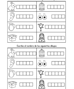 Ficha en español con dos secciones idénticas. Cada una tiene seis dibujos: conejo, oreja, cántaro, caja, jaula, ojos, globo y monja, con recuadros para escribir los nombres en español de las imágenes.