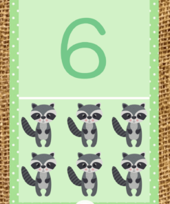 Flashcard que muestra el número 6 en la parte superior con seis mapaches de dibujos animados dispuestos en dos filas sobre un fondo verde pálido, bordeados por una línea de puntos blancos sobre una textura tejida como parte de la serie 